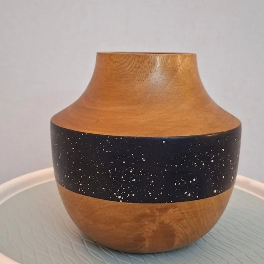 West Elm Turned Mango Wood Vase Brown Excellent Black Speckl Band Trim MCM Decor